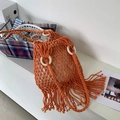 Borsa a spalla intrecciata arancione con nappe e manici tondi in legno per l'estate - Arancione (con borsa interna)