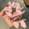 Sweet pink pleated scrunchie hair tie with pink checkered ribbon streamers for women - Pink Plaid Tulip Hair Tie