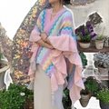 Bohemian knit shawl with colorful wave patterns and fringe tassels for vacation - Ruffle 2# (Pink)