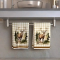 Christmas kitchen towels featuring beige plaid pattern and forest deer print on cotton fabric - Design 10 (2PCS)