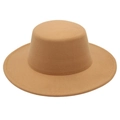 Detail view of the fine texture and stiff brim on this camel flat top wool felt boater hat - One Size / Camel