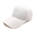 Detailed macro view of white baseball cap showing textured waffle fabric and frayed edges - Light Pink