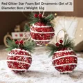 Set of three 8cm red glitter star Christmas ornaments with pine needles and cones - Style B-Red Glitter Star Foam Balls 3Pcs / Diameter 8cm