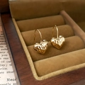 Vintage heart shaped gold earrings displayed in a premium velvet wooden jewelry box - Real Gold Plated Wrinkled Heart Ear Hooks