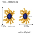Golden stainless steel stud earrings with blue zircon in a starburst flower design - TXF244-Blue Zircon Earrings