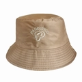 Detailed close-up of khaki cotton bucket hat featuring white embroidered text and floral logo - 55-58cm / Khaki (Panegyric)