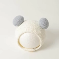 White baby winter knit hat with grey plush pom-poms and warm ear flaps for toddlers - Plush Pom-pom Hat / Cream