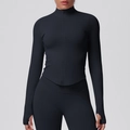 Detail of black slim fit sports jacket with stand collar and thumbhole cuffs design - S / Black