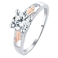 Classic silver ring with rose gold wing accents and a brilliant round zircon stone - US 6 / Two-Tone Wing Style