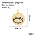 Detail view of 14mm gold evil eye pendant with color cubic zirconia and dimensions - Round Evil Eye (P02025)