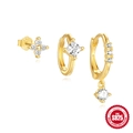 Three-piece S925 silver gold-plated clover earrings set with white zircon stones - 925 Silver / Gold Four-leaf Clover Style