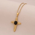 Golden stainless steel cross necklace with a textured pendant and black faceted gemstone - 5# Black Agate