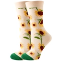 Beige crew socks with yellow sunflower pattern and green toe heel accents - Yellow Sunflower