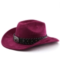 Detail of purple faux suede cowboy hat featuring leather band and vintage bull head badge - M (56-58cm) / Burgundy