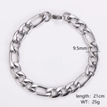 Macro view of 9.5mm wide stainless steel Figaro chain bracelet showing 21cm length details - Steel Color (9.5mm)