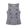 Elegante grijze double-breasted mouwloze blazer vest met geplooide zoom en zwarte knopen - XS / Loodgrijs