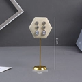 Beige velvet hexagonal earring display stand with golden metal base and size labels - Hexagonal Beige Earring Stand