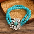 Bohemian double-layer turquoise beaded bracelet with vintage silver bull head flower charm - Turquoise Hollow Large Flower Double Layer (G-152)