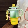 Insulated stainless steel student water bottle with green and yellow checkerboard design - Green Yellow (Stainless Steel)