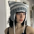 Handmade crochet cat ear hat with grey and white stripes and long braided tassels - Adult 56-59cm / Grey and White Stripes