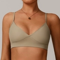 Recycelter Sport-BH in Khakigrün mit dünnen Trägern und tiefem V-Ausschnitt-Design - XL / Dunkelbeige