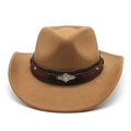 Detail view of brown felt cowboy hat featuring a braided leather band with silver metal buckles - M (56-58cm) / Khaki