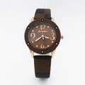Detail of rose gold case and brown checkered faux leather strap on women quartz watch - Coffee Leather Strap