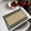 Rectangular green and beige striped woven placemat in a festive Christmas table setting - Green Beige with Green Fringe