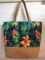 Linen tote bag with tropical floral print and jute splicing detail in a minimalist design - Golden Lily