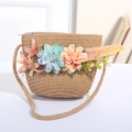 Detail der handgewebten Strohtasche mit bunten Blumen und strukturierter Pflanzenfaser - Braun mit Blau-Orange Bouquet