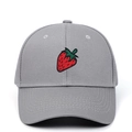 Close-up of detailed red strawberry embroidery on light grey cotton baseball cap - Adjustable / Gray