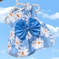 Detail of light blue daisy pet dress with a large blue bow hanging on a pearl hanger - XS / Blue Daisy Dress