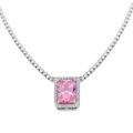 Elegant silver tennis necklace featuring a rectangular pink zircon pendant with diamond halo - Pink