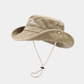 Detail view of khaki sun hat with wave embroidery, metal eyelets, and adjustable wind cord - One Size / Khaki