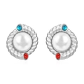 Pendientes de perlas en acero inoxidable bañados en oro de 18K con piedras rojas y azules - Pendientes de Perlas Incrustadas / Color Acero