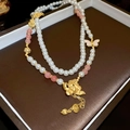 Collar de estilo chino con perlas, loto, mariposa y colgantes de calabaza - Oro Blanco Rosa (Versión Estándar)