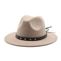 Classic khaki wide brim wool fedora hat with black leather strap and star studs - M(56-58cm) / Light Purple Grey