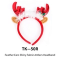 Christmas reindeer antler headband with red sequins, plush ears and white feathers - TK50R Feather Ears Shiny Fabric Antlers Red