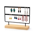 2-tier black metal earring display stand with natural wooden base for home storage - Black 46 Holes 2 Tiers