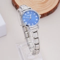 Close-up of a silver stainless steel watch with a blue Roman numeral dial on a stand - WT007 Silver Blue Roman