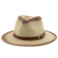 Macro view of woven straw sun hat texture with brown faux leather belt and gold buckle - M (56-58cm) / Dark Coffee Gradient (06)