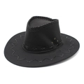 Dettaglio cappello da cowboy nero con cuciture in pelle intrecciata e occhielli dorati - M (56-58cm) / Nero