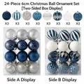 24er Set blaue und silberne 6cm Weihnachtskugeln mit verschiedenen gemalten Mustern - Einzelbox (Set mit 24, 6 cm Bällen) / Diamantblau + Silberweiß