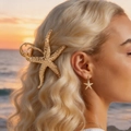Golden starfish hair claw and earrings set with hammered texture worn on beach - 10.7CM / Large Gold Starfish