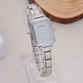 Detailed view of rectangle silver watch with glitter grey dial on a minimalist stand - WT008 Silver Grey Glitter Square