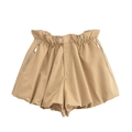 Front flat lay of khaki high waist pleated shorts with metal side zipper pockets - XS / Khaki Shorts