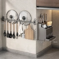 Gunmetal grey stainless steel kitchen organizer rack set with knife holder and hooks - Grey Combination Set (Knife Holder + 50cm Kitchen Hook Rack)