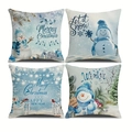 Set of 4 blue Christmas snowman pillow covers with festive winter scenery and lettering - Blue Snowman Set