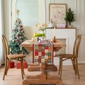 Christmas plaid table runner with festive tree and reindeer pattern on wooden table - Christmas Plaid Hemmed Edge / 35*140cm