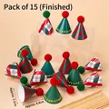 Set of 15 mini Christmas party hats in red and green plaid with Merry Christmas text - Mini Pom-pom Hats Red Green Mix 15pcs